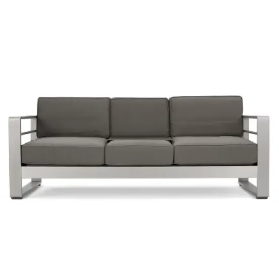 GDFStudio William Outdoor Aluminum 3 Seater Loveseat Sofa with Tray, Silver/Light Gray image {8}