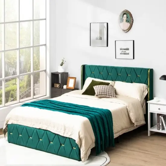 Costway  Upholstered Platform Bed Frame Adjustable Headboard Footboard Modern Green image {1}