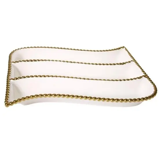 Classic Touch 11&rdquo; White Porcelain 3 compartment relish dish with Gold Beaded Border image {4}