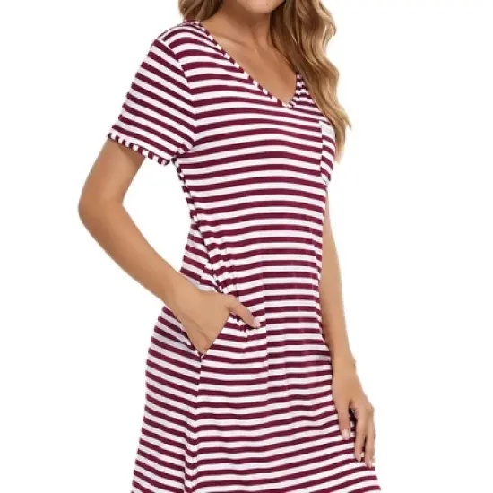 cheibear Womens Pajama Dress Nightshirt Stripe Sleepwear V-Neck Lounge Soft Nightgown image {4}