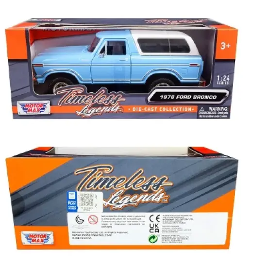 1978 Ford Bronco Custom Light Blue and White "Timeless Legends" Series 1/24 Diecast Model Car by Motormax image {2}