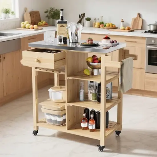 TROPOW Solid Wood Outdoor Grill Cart &uml;C Stainless Steel Top Kitchen Island with Lockable Wheels for Patio/Garden (Natural Wood Color) image {3}