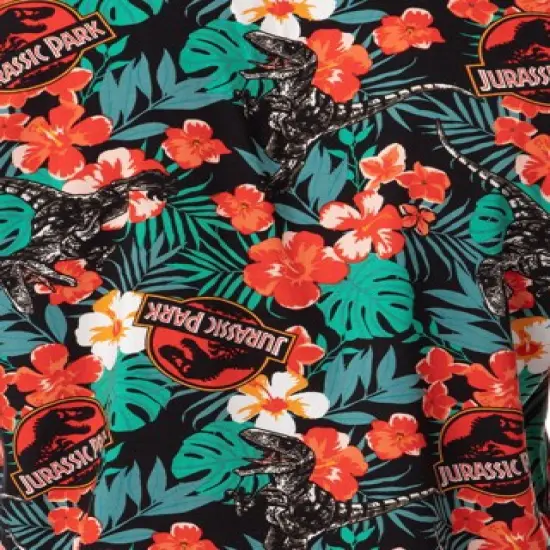 Jurassic Park Men's Velociraptor Dinosaur Floral Hawaiian Button Up Shirt image {1}