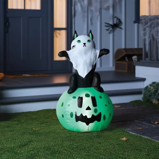 3.5' Airblown Ghost Cat on Jack O'Lantern Halloween Inflatable Decoration - Hyde and EEK! Boutique&trade; image {1}