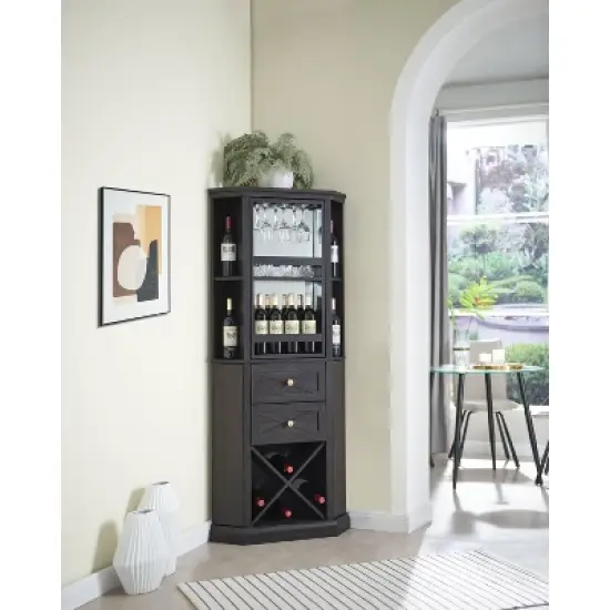 Home Source Corner Bar Cabinet with Rotating Wine Rack image {6}