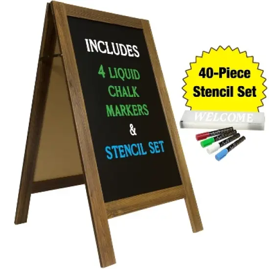 Excello Global Products 40" x 20" Wooden A-Frame Chalkboard Sign / 4 Liquid Chalk Markers & Stencil Set, Rustic image {8}