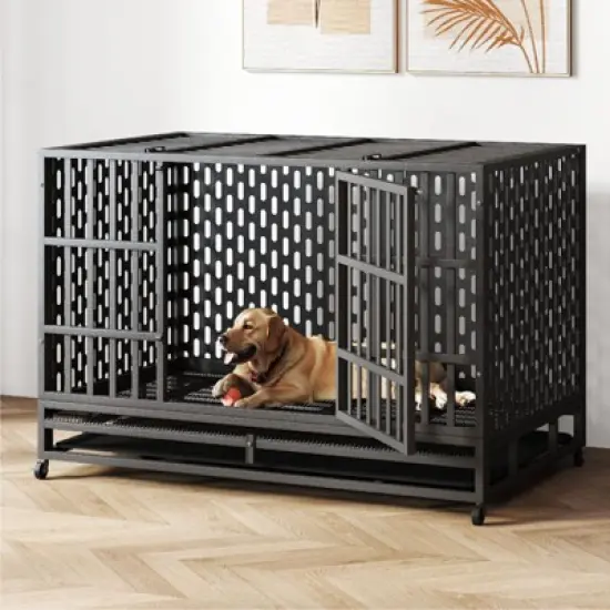 XBRIGH 54/48/42/38 Inch Heavy Duty Indestructible Dog Crate Steel Escape Proof,Indoor Double Door High Cage,Kennel with Wheels,Removable Tray image {3}