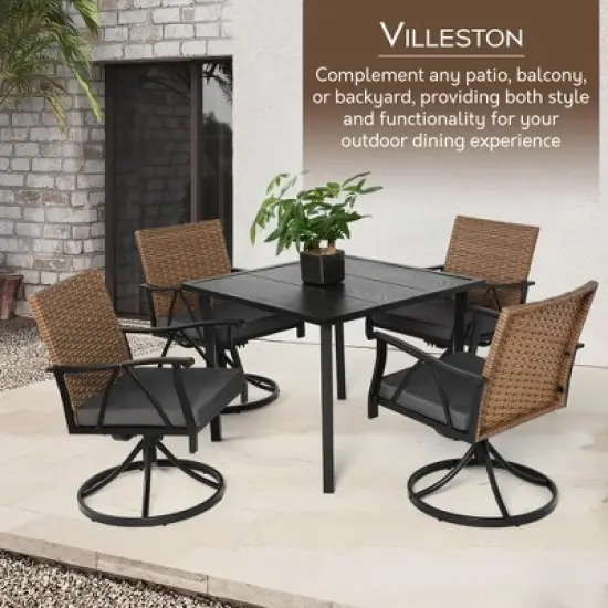 HOMEFUN 5 Piece Patio Dining Set for 4,Outdoor Wicker Furniture Set with 4 Cushions Swivel Rocker Chairs,steel Table Top,Gray image {2}