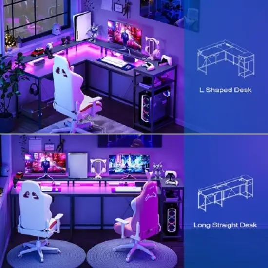 Whizmax L Shaped Gaming Desk,68" Computer Desk with Power Outlets&LED Lights,Home Office Desk with File Drawer,Corner Desk with Monitor Shelf and Hook image {4}