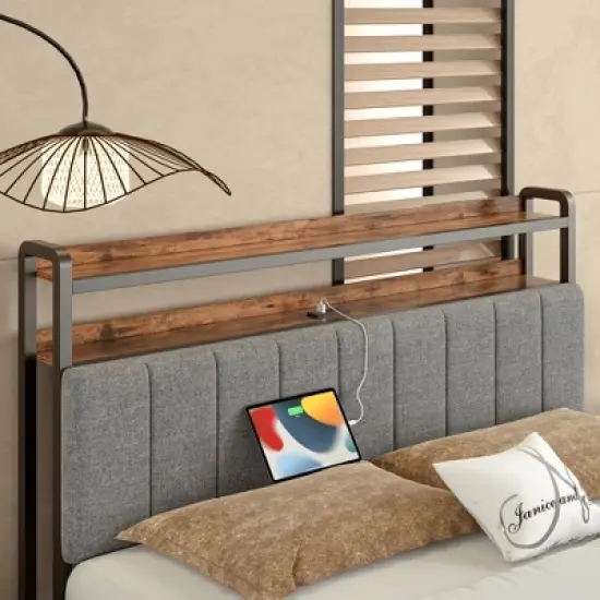 VECELO Full/Queen Upholstered Bed Frame with Storage End of Bed Bench, Platform Bed with Headboard & Charging Station, LED Lights, Gray image {4}