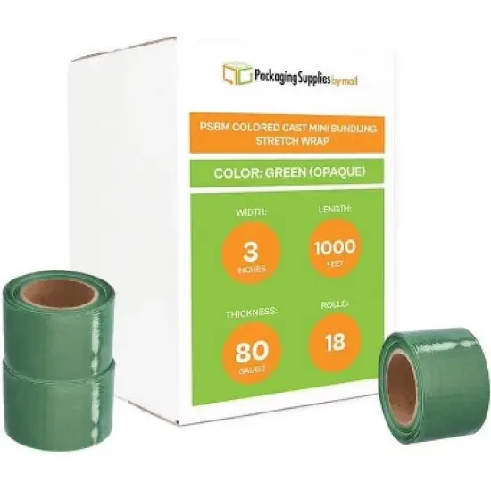 PSBM 18 Rolls 3" x 1000 Ft. Green Hand Wrap Stretch Shrink Film with Handle, 80 Ga image {1}