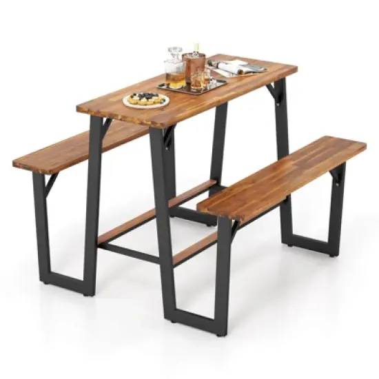 Costway Patio Picnic Table Bench Set with Acacia Wood Tabletop Benchtop Built-in Footrests image {1}
