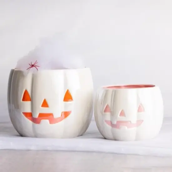 Transpac Dolomite 10.25 in White Halloween Iridescent Nesting Pumpkin Snack Bowls Set of 2 Decorative Bowls image {3}