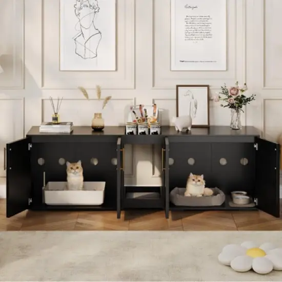 Cat Litter Box Enclosure with Double Room, Modern Wood Cat Washroom Furniture with Pad image {2}