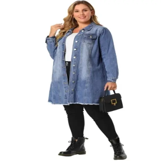 Agnes Orinda Women's Plus Size Long Sleeve Raw Hem Long Denim Jacket image {2}