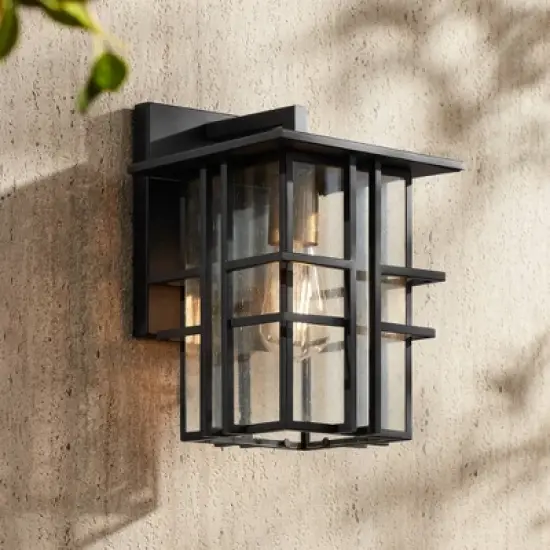 Possini Euro Design Arley Modern Industrial Outdoor Wall Light Fixtures Set of 2 Black 12" Seedy Glass for Post Exterior Barn Deck House image {6}