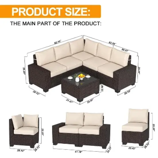 6 Pieces Outdoor Patio Furniture Set, Wicker Furniture Set, Patio Sectional Furniture Set with 5 Seat Cushions and 1 Glass Coffee Table image {7}