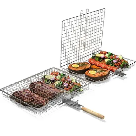 Sorbus 2 Pack Stainless Steel Large Folding Barbecue Grilling Basket with Handle - for Fish, Shrimp, Vegetables, Grilling Accessories, Outdoor Cooking image {7}