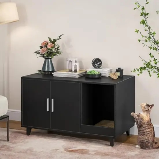 FURNIinspire Pet Crates and Houses, Multi-Functional Cat Cabinet, Comfortable Cat Space with Entrances, for Home, Black, 33.5"*18.5"*19.9" image {1}