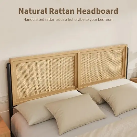 Boho Wooden Full/Queen/King Size Bed Frame with Natural Rattan Headboard and Footboard, No Box Spring Needed, Noise-Free Easy Assemble Metal Bedframe image {3}