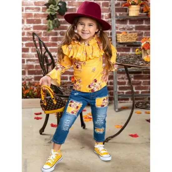 Girls Bloom Girl Patched Jeans Set - Mia Belle Girls image {4}