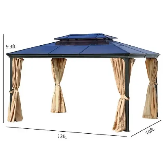 Aoodor 10'x 13 in Gazebo Polycarbonate Hardtop Roof, Aluminum Frame with Mosquito and Curtain, Blue image {7}
