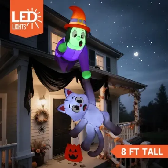 Joyfy 8.2 FT Tall Halloween Outdoor Inflatable Decoration, Witch and Black Cat Hanging Inflatable with LEDs for Indoor Outdoor Yard Roof Decoration image {1}