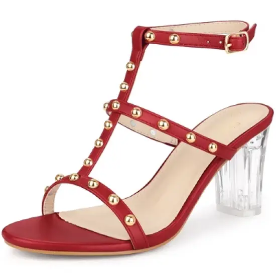 Perphy Studded Heel Ankle T-Strap Chunky Clear Heels Sandals for Women image {7}
