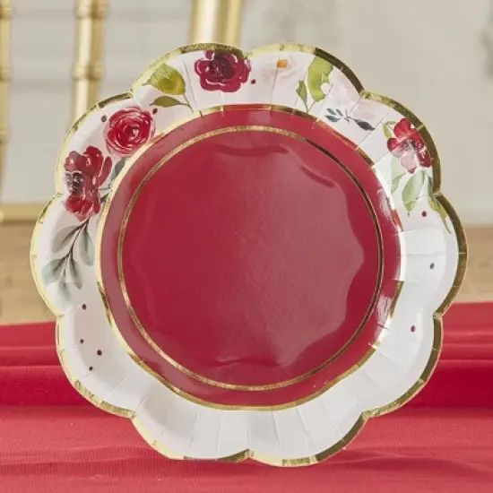 Kate Aspen Burgundy Blush Floral 7 in. Premium Paper Plates (Set of 64) | 28519NA image {5}