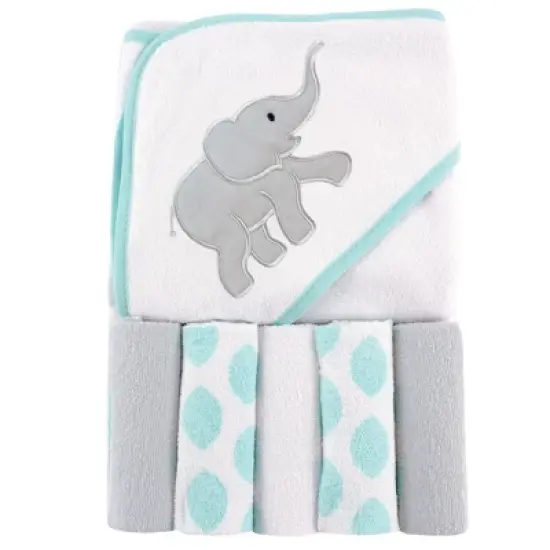Luvable Friends Baby Unisex Hooded Towel with Five Washcloths, Ikat Elephant, One Size image {1}