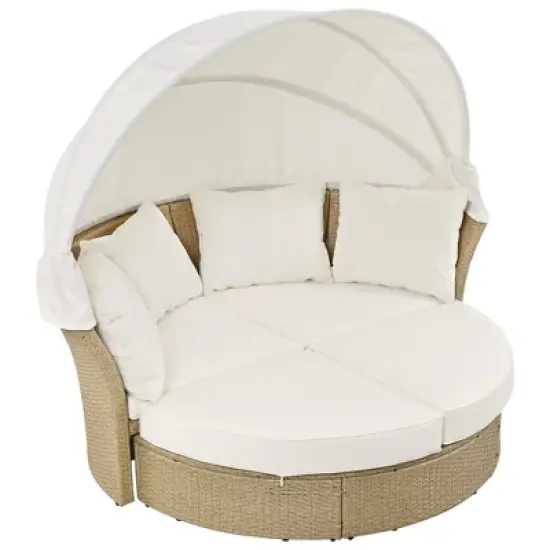 57" Outdoor Patio PE Rattan Round Daybed Sunbed with Retractable Canopy and 4 Pillows image {10}