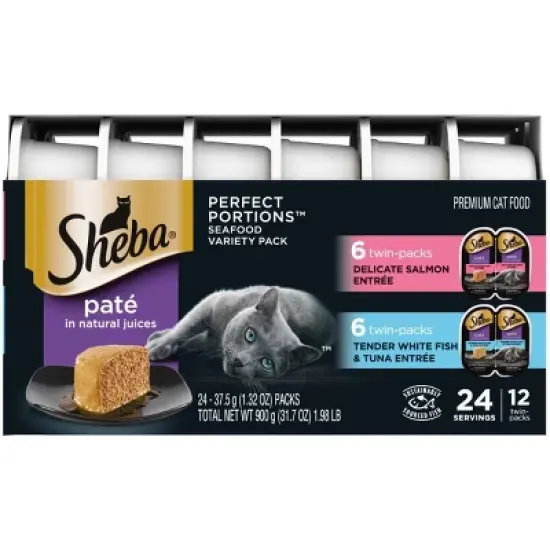 Sheba Perfect Portions Pate Salmon, White Fish & Tuna Adult Premium Wet Cat Food All Stages - 2.6oz/12ct Variety Pack image {2}