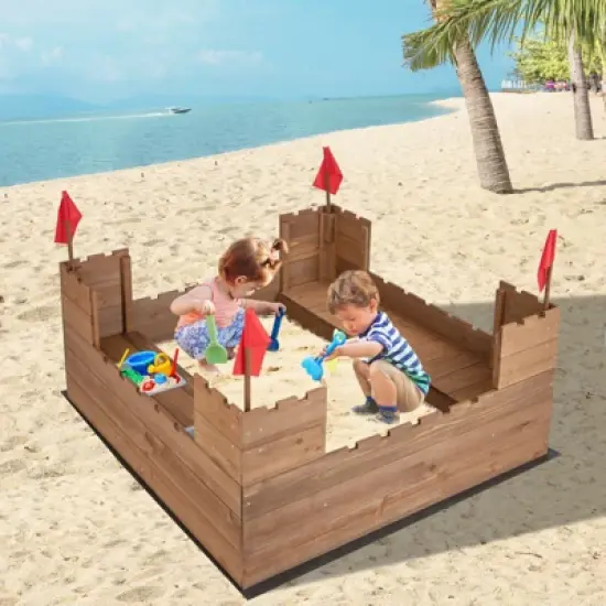 Costway Solid Wood Kids Sandbox w/ 2 Bench Seats, Outdoor Sandpit w/ Storage Box & Flags image {3}