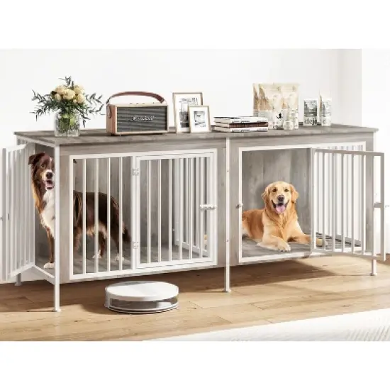 XBRIGH 78/63 Inch Dog Cage Furniture,  Double Doors Dog Kennel Furniture with Removable Divider, Thick Wooden Dog Crate Furniture for 2 Medium Dogs image {10}