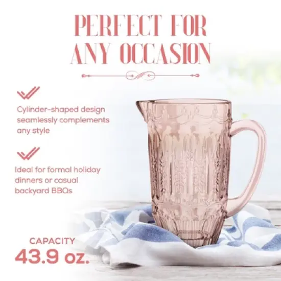 Elle D&eacute;cor Vintage Glass Pitcher, Water Carafe Jug for Iced Tea, 43.9 OZ, Pink image {3}