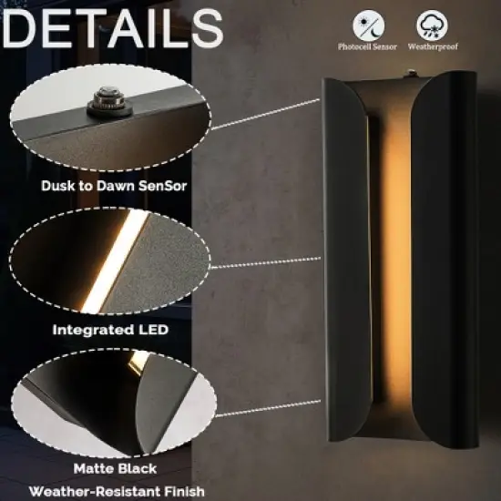 ALOADECOR H15" Matte Black Integrated LED a Wall Sconce with Acrylic Shade Modern Outdoor Wall Light with Dusk to Dawn Sensor for Garage (2 Pack) image {4}