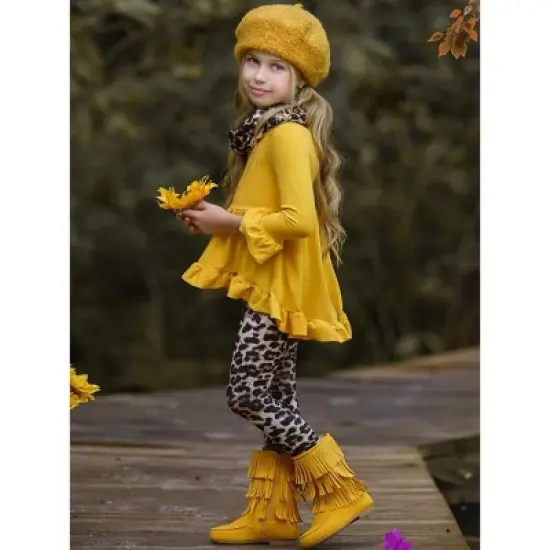 Girls Vibrant Cub Hi-Lo Ruffle Tunic, Leopard Leggings & Scarf Set - Mia Belle Girls image {4}