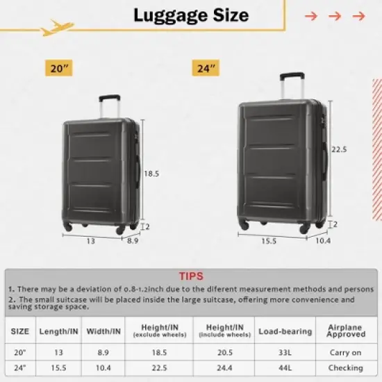 Lycvki 2 Piece 20in+24in Luggage Set with Bags and Expanable Spinner Wheels with TSA Lock image {3}