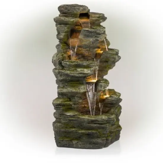 51" Resin Rock Cascading Fountain with LED Lights Gray - Alpine Corporation: Waterfall Feature, Birdbath image {2}