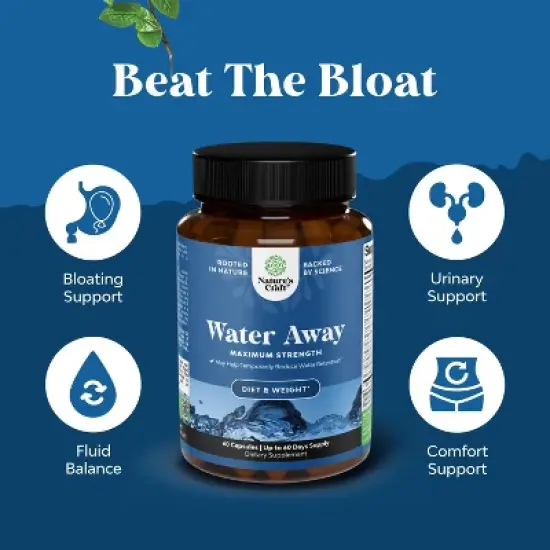 Water Away Herbal Diuretic Pills, Fluid Retention Supplement, Dandelion Leaf & Green Tea, Bloating Relief, Leg & Feet Swelling, Nature's Craft, 60ct image {3}