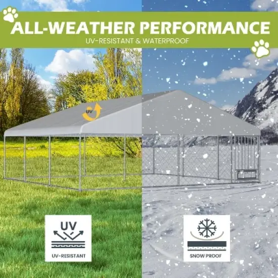 EROMMY 15x15ft Large Outdoor Dog Kennel, Waterproof Cover and Rotating Feeder, Galvanized Steel Metal with Lockable Door image {6}