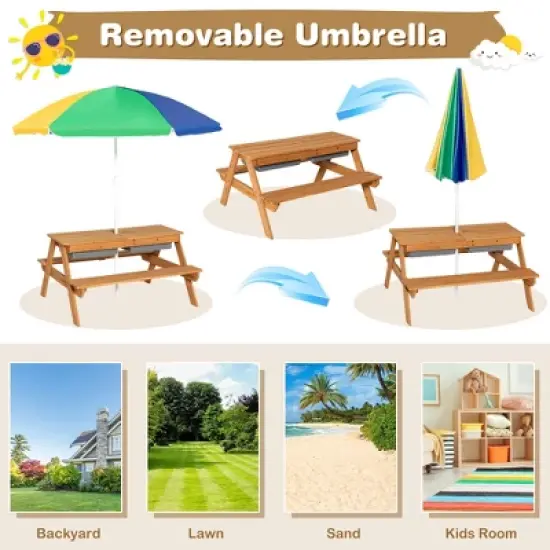 Costway 3-in-1 Kids Picnic Table Wooden Outdoor Sand & Water Table w/Umbrella Play Box es image {7}