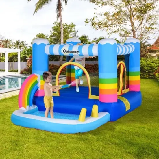 Outsunny Inflatable Bounce House for Kids 2-in-1 Jumping Castle with Trampoline, Pool, Carry Bag & Air Blower image {1}