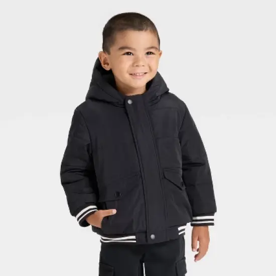 Toddler Boys' Varsity Striped Heavyweight Puffer Jacket - Cat & Jack&trade; Black image {3}