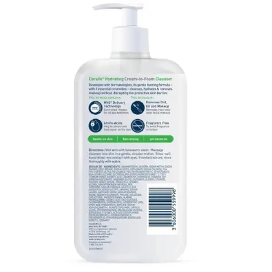 CeraVe Hydrating Cream-to-Foam Face Wash with Hyaluronic Acid for Normal to Dry Skin - 12 fl oz image {2}