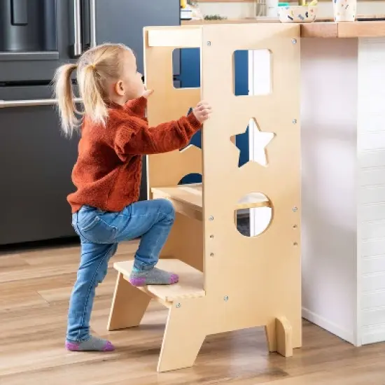 Guidecraft Jr. Classic Kitchen Helper Step-Up - Natural: Wooden Montessori Toddler Tower, Adjustable Height Bathroom Stool for Kids image {2}