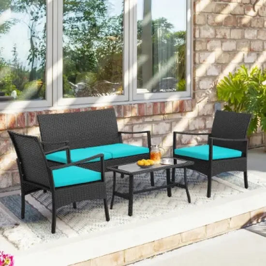 Costway 4PCS Patio Wicker Furniture Set Cushioned Chairs& Loveseat with Coffee Table Garden image {3}