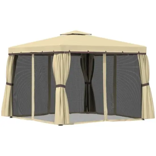 Outsunny 10' x 10' Patio Gazebo Outdoor Canopy Shelter with Double Tier Roof, Netting and Curtains for Garden, Lawn, Backyard and Deck image {3}