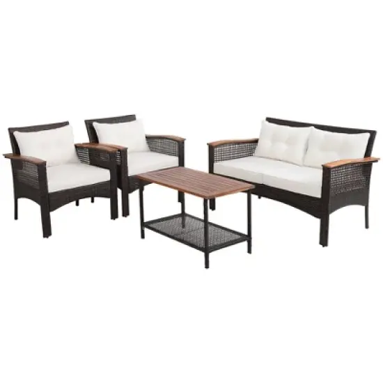 Costway 4PCS Patio Rattan Acacia Wood Furniture Set Cushion Sofa Armrest Deck image {8}