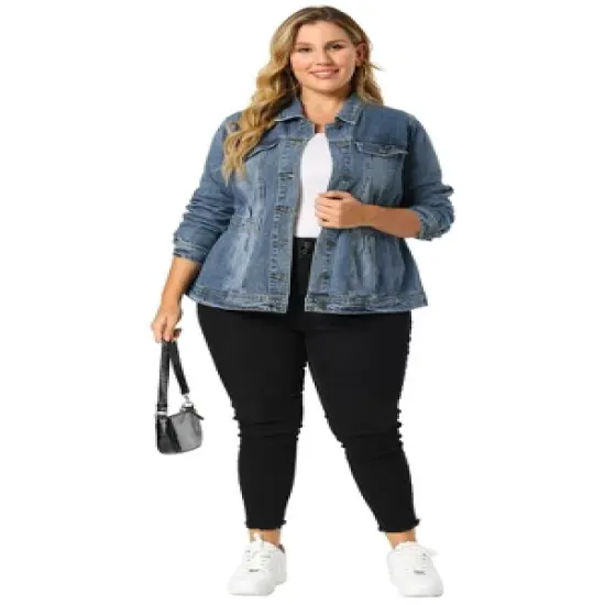 Agnes Orinda Women's Plus Size Classic Denim Washed Front Long Sleeve Jean Jackets image {2}